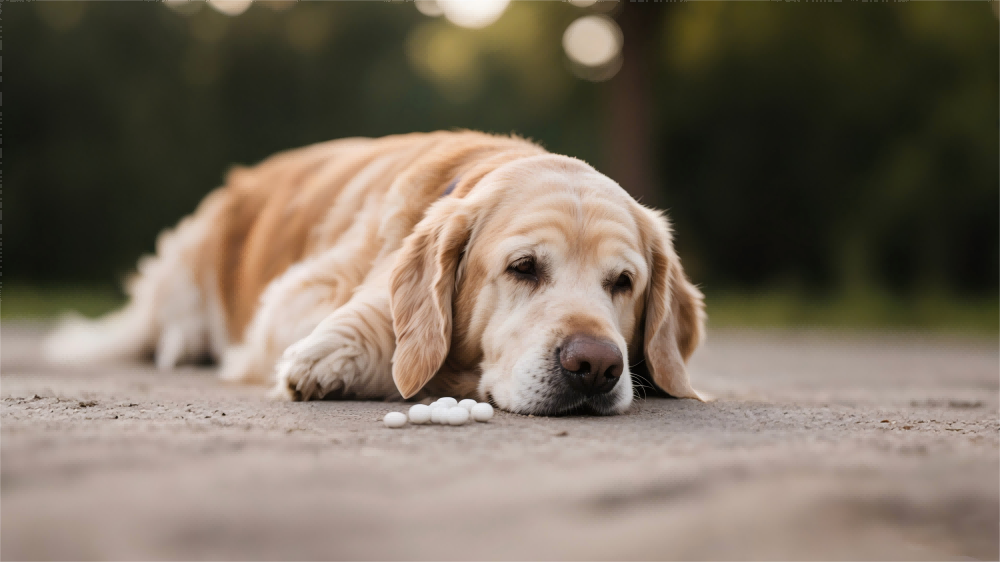 Senior dog resting with glucosamine supplement bottle
