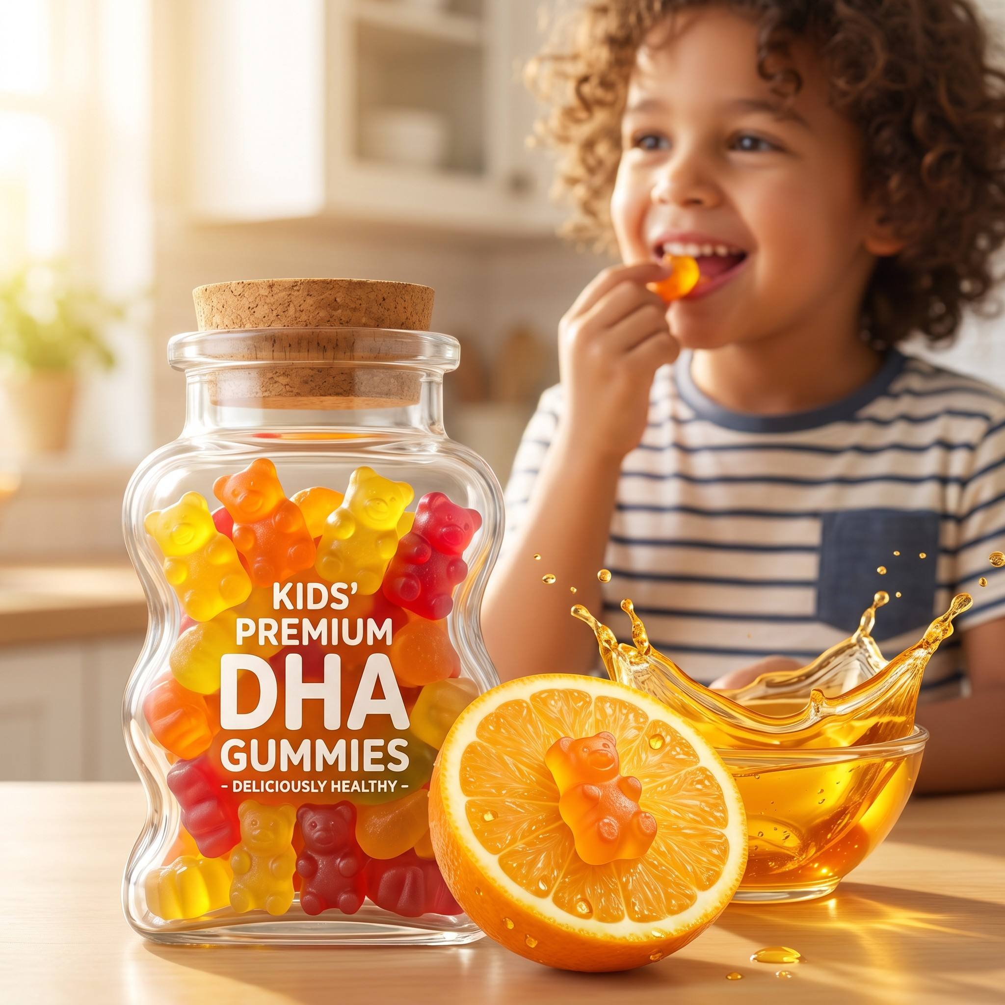 Children enjoying great-tasting DHA gummies with no fishy aftertaste thanks to flavor masking technology