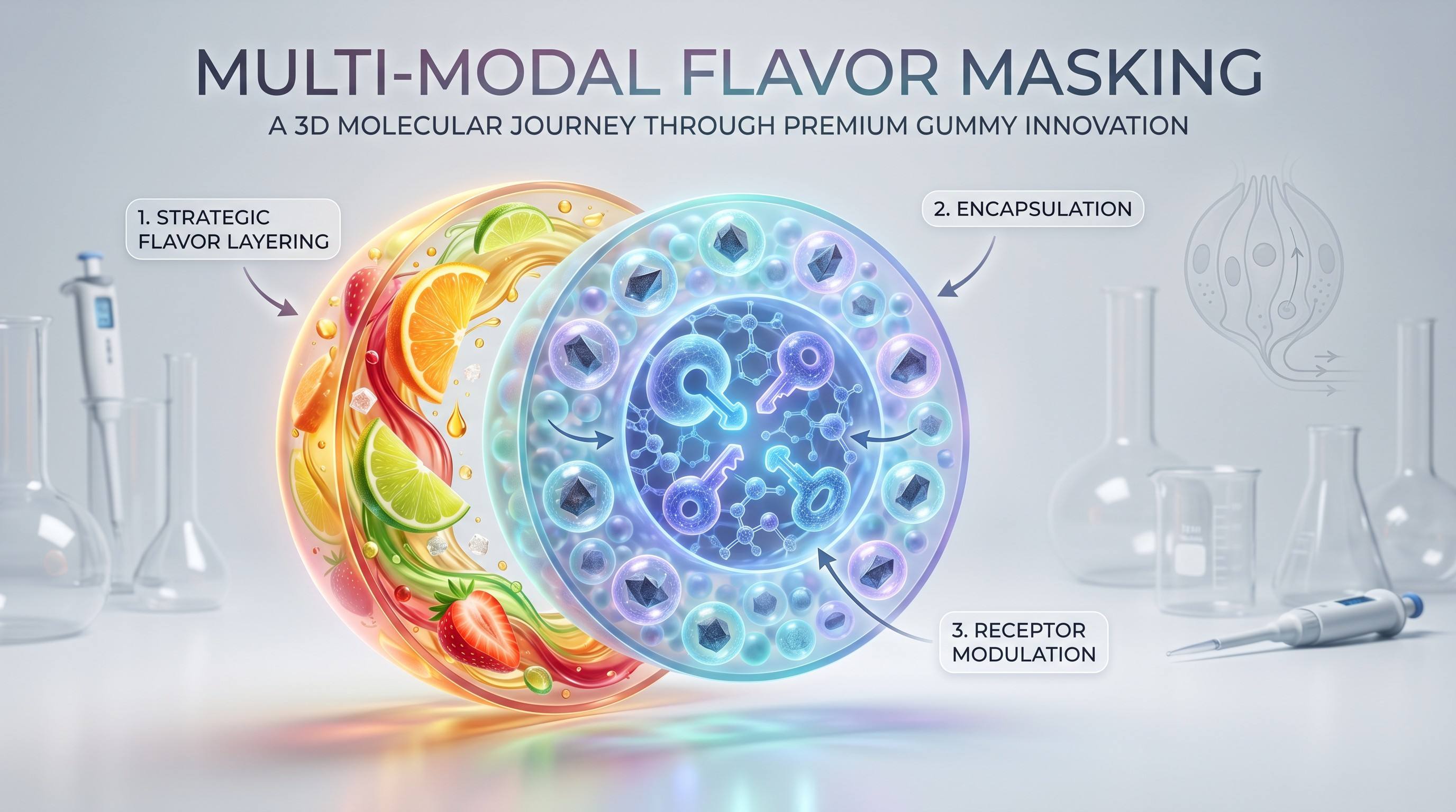 Flavor masking technology process diagram showing encapsulation and volatile binding for kids DHA gummies