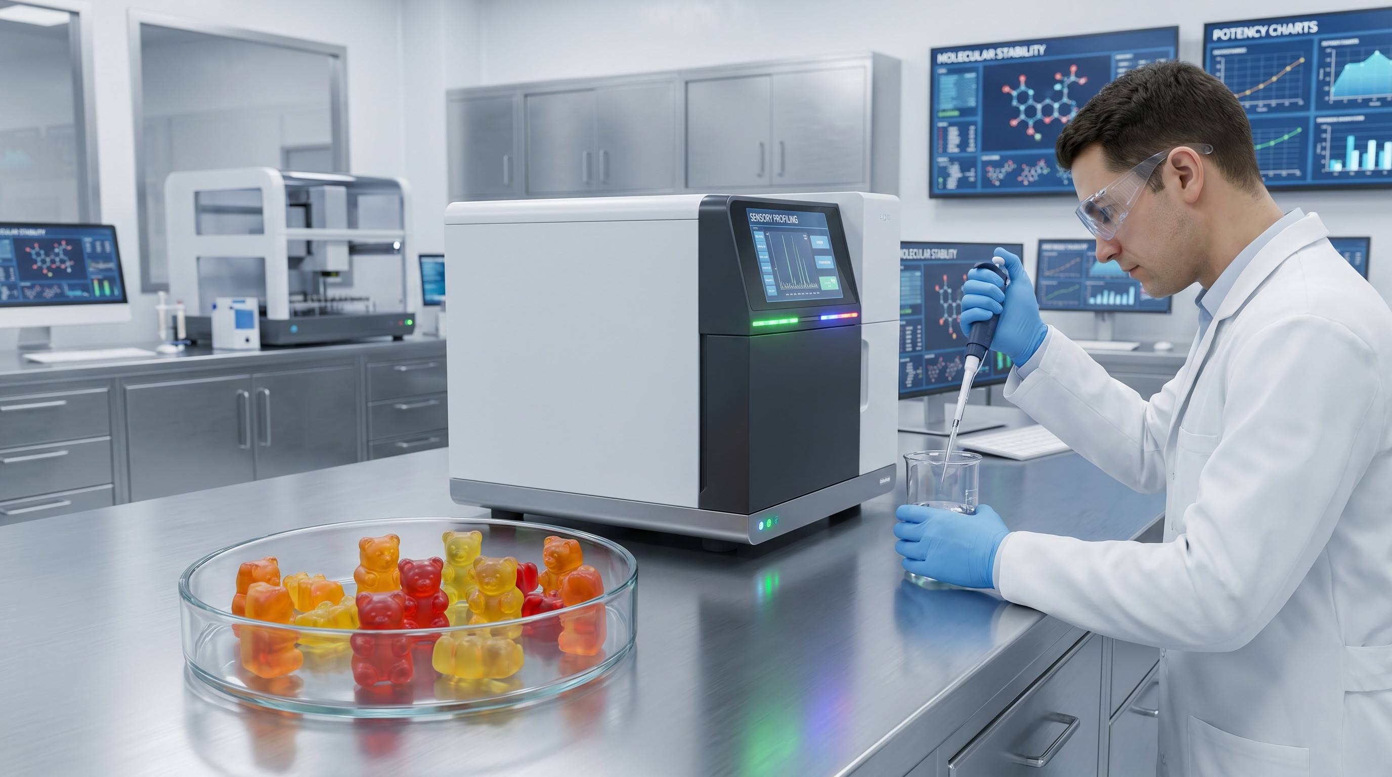 Quality testing lab for kids DHA gummies ensuring flavor masking stability and potency