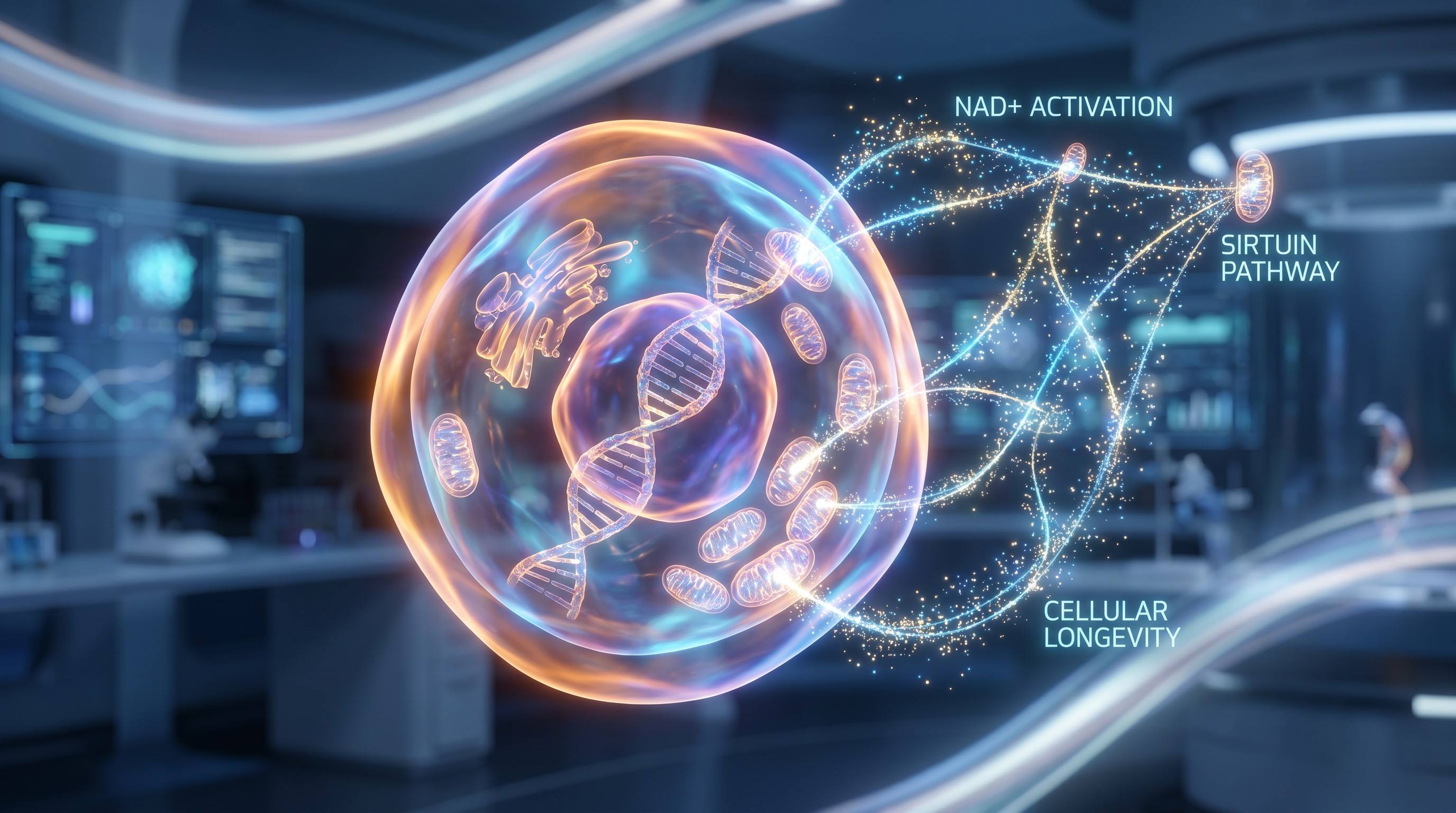 NAD+ molecule structure supporting cellular energy production and DNA repair pathways