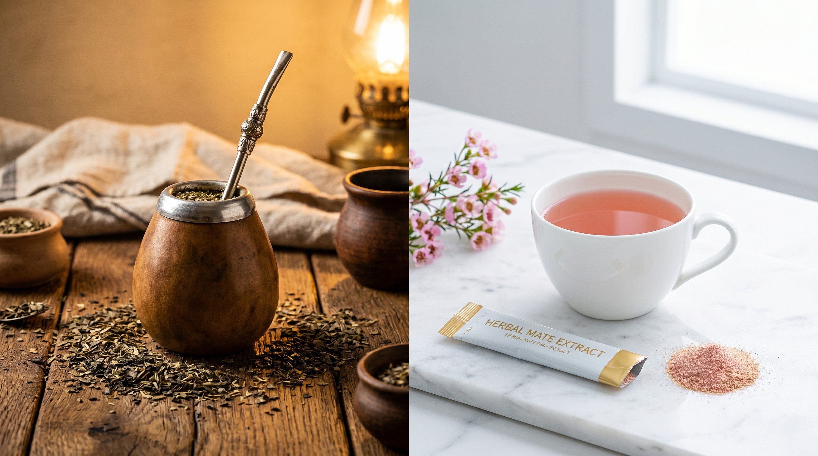 Traditional Yerba Mate preparation compared to modern supplement powder formats