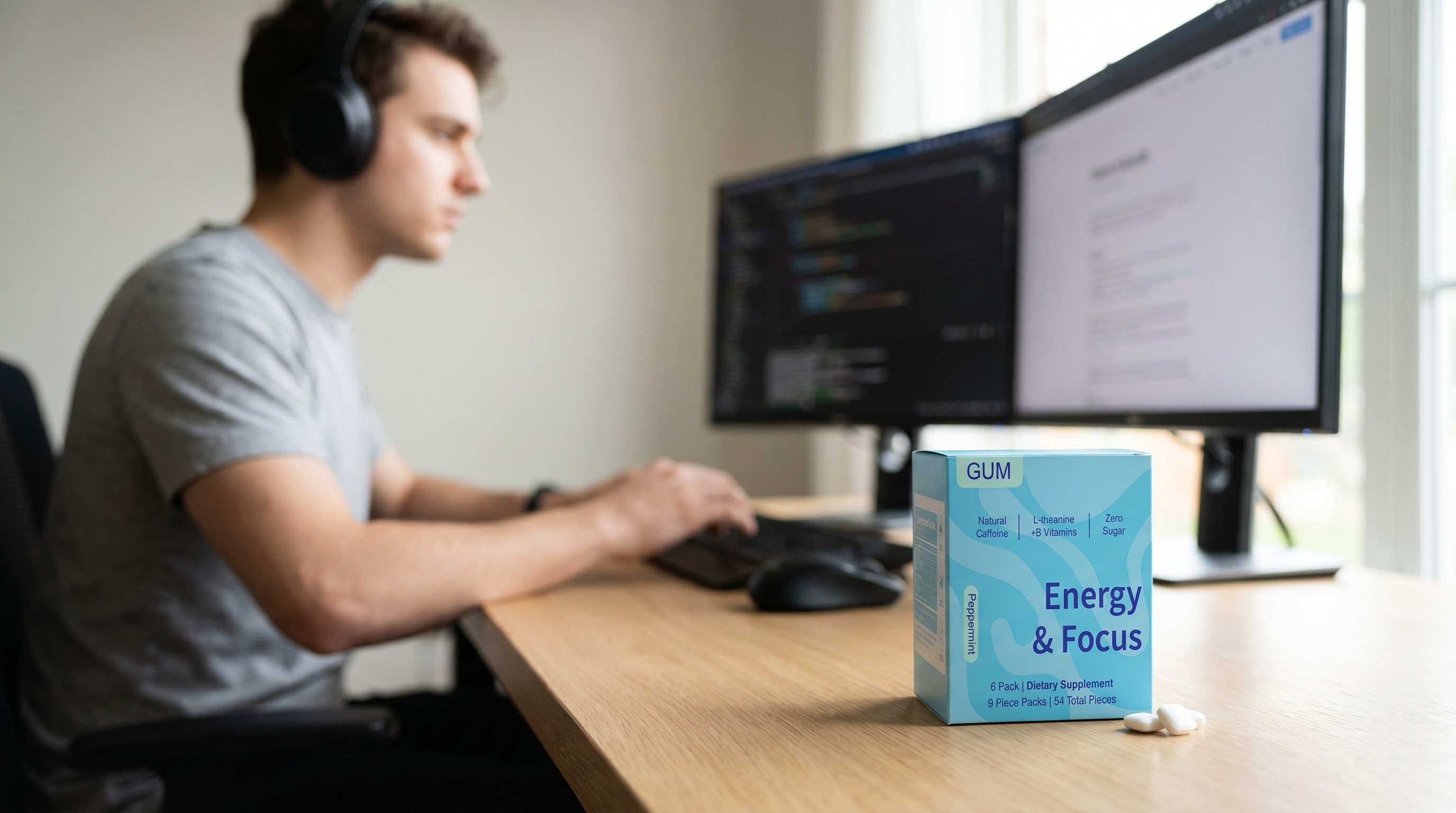 Professional using energy mint gum for focused work session without caffeine jitters