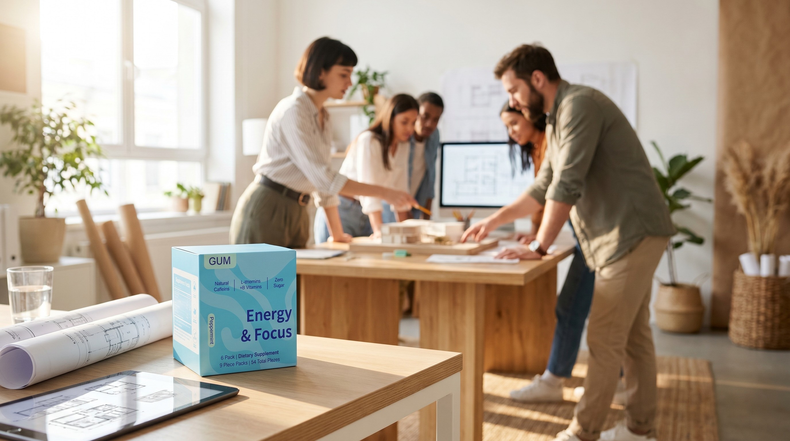 Diverse professionals using energy mint gum for focused productivity throughout the day