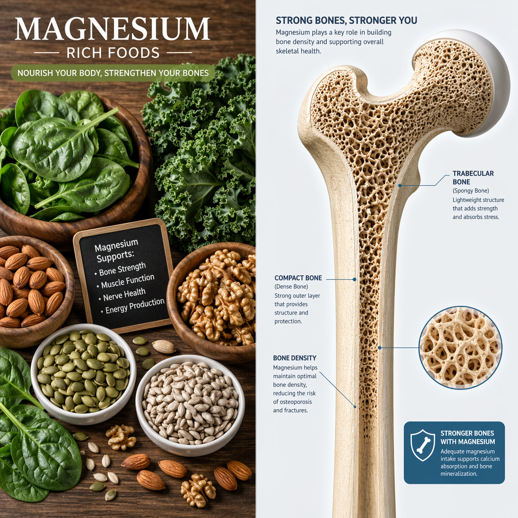 Magnesium-rich foods for bone health including leafy greens, nuts, and seeds alongside a bone structure diagram