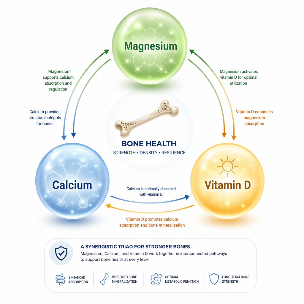 Diagram showing the interdependent relationship between magnesium, calcium, and vitamin D for bone health