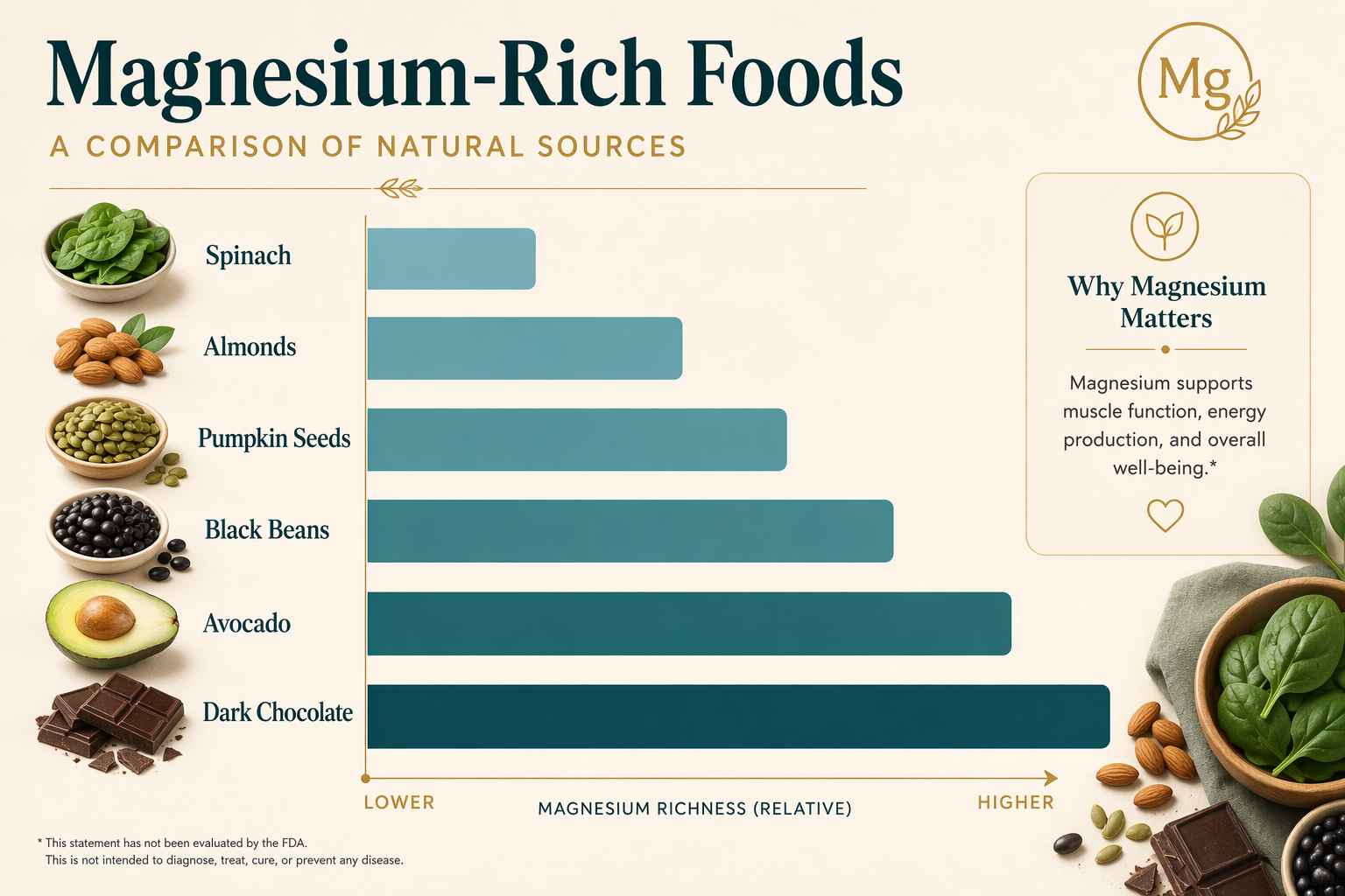 Comparison chart of magnesium content in common foods: spinach, almonds, pumpkin seeds, black beans, avocado, and dark chocolate