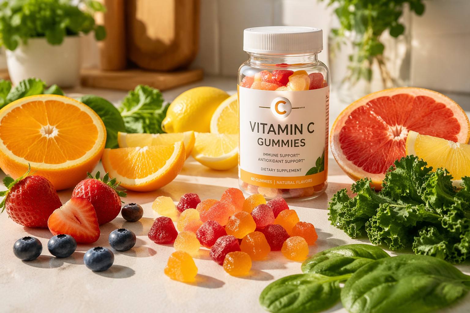 Colorful vitamin C gummies alongside fresh citrus fruits, berries, and leafy greens representing natural and supplemental vitamin C sources for immune health