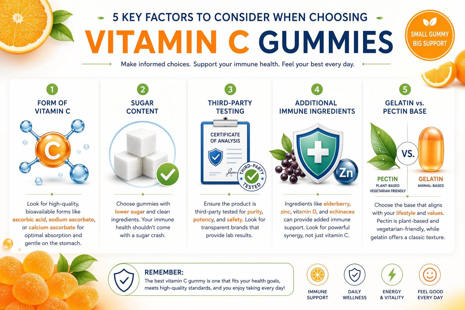 Infographic showing key factors to evaluate when choosing a vitamin C gummy: form of vitamin C, sugar content, third-party testing, additional immune ingredients, and gelatin vs pectin base