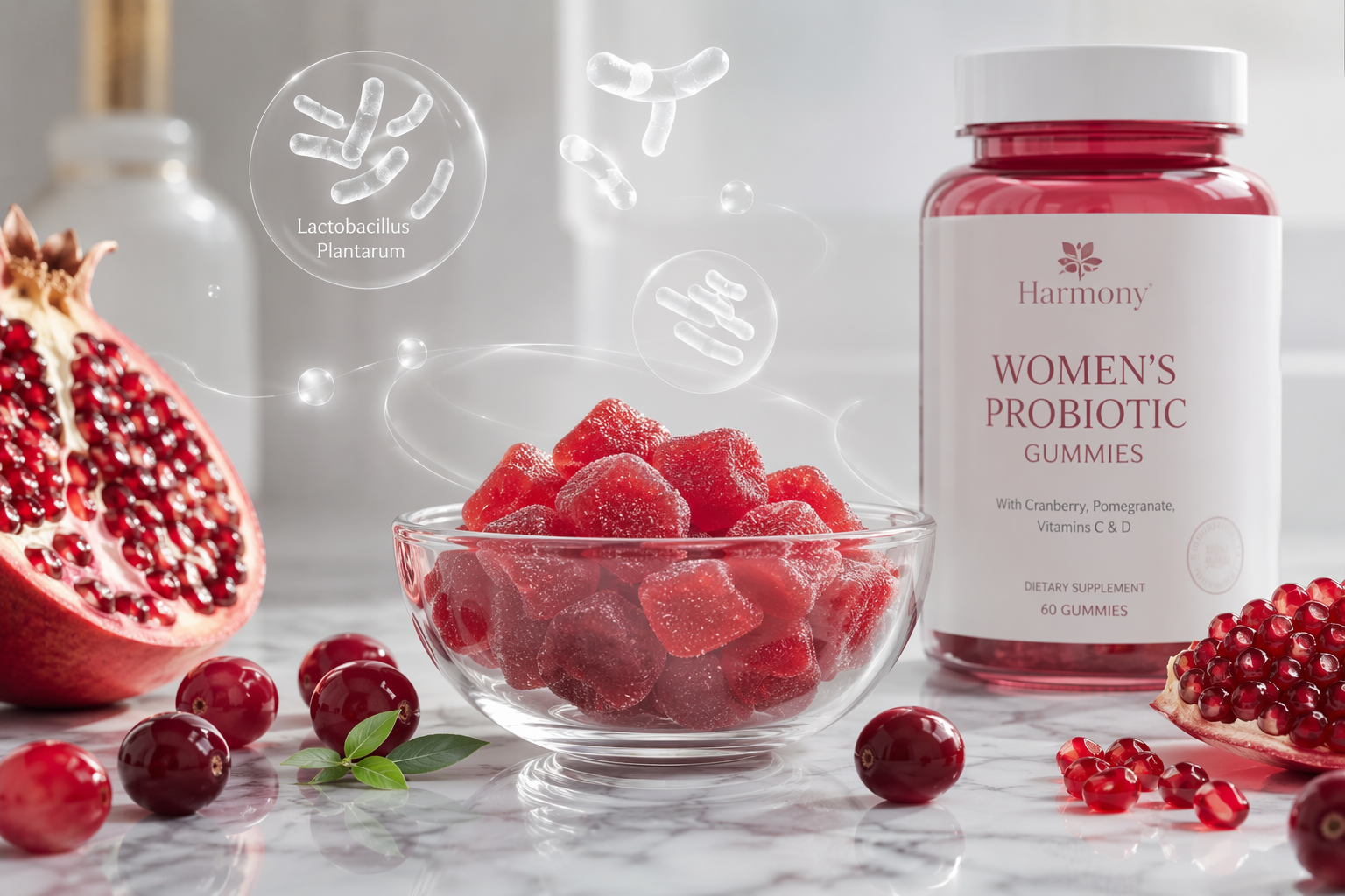 Women's probiotic gummies alongside cranberries, pomegranate, and probiotic strain culture illustrations representing the key ingredients in a quality women's probiotic formula