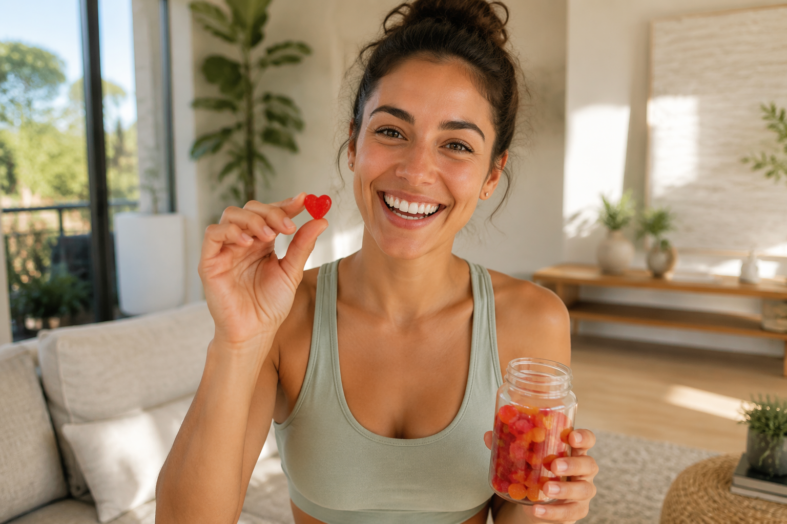 E-commerce concept showing women's probiotic gummy bottles on a digital marketplace dashboard with growth charts and search rankings