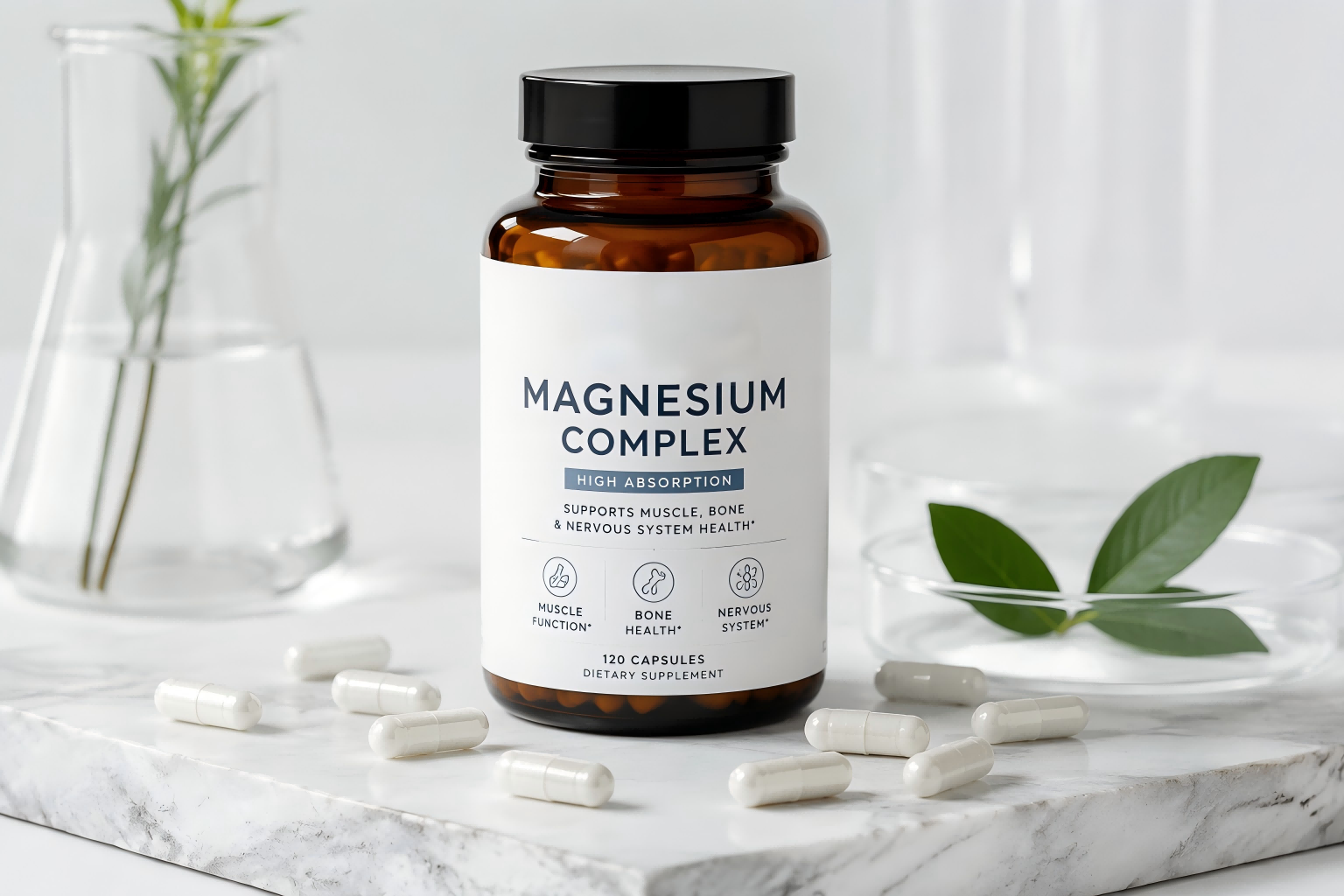 Magnesium complex capsules displayed alongside retention metrics dashboard showing subscription rates, repeat purchase data, and customer lifetime value growth charts