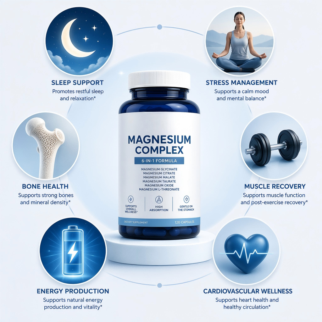 Multi-benefit wheel diagram showing magnesium's role in sleep support, stress management, muscle recovery, bone health, energy production, and circulatory wellness