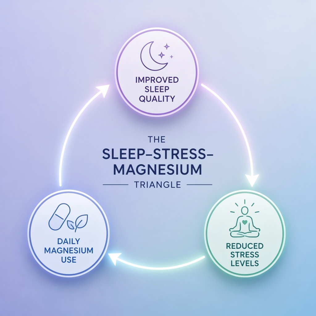 Diagram showing the triangular relationship between magnesium, sleep quality, and stress management, with arrows indicating the reinforcing feedback loop