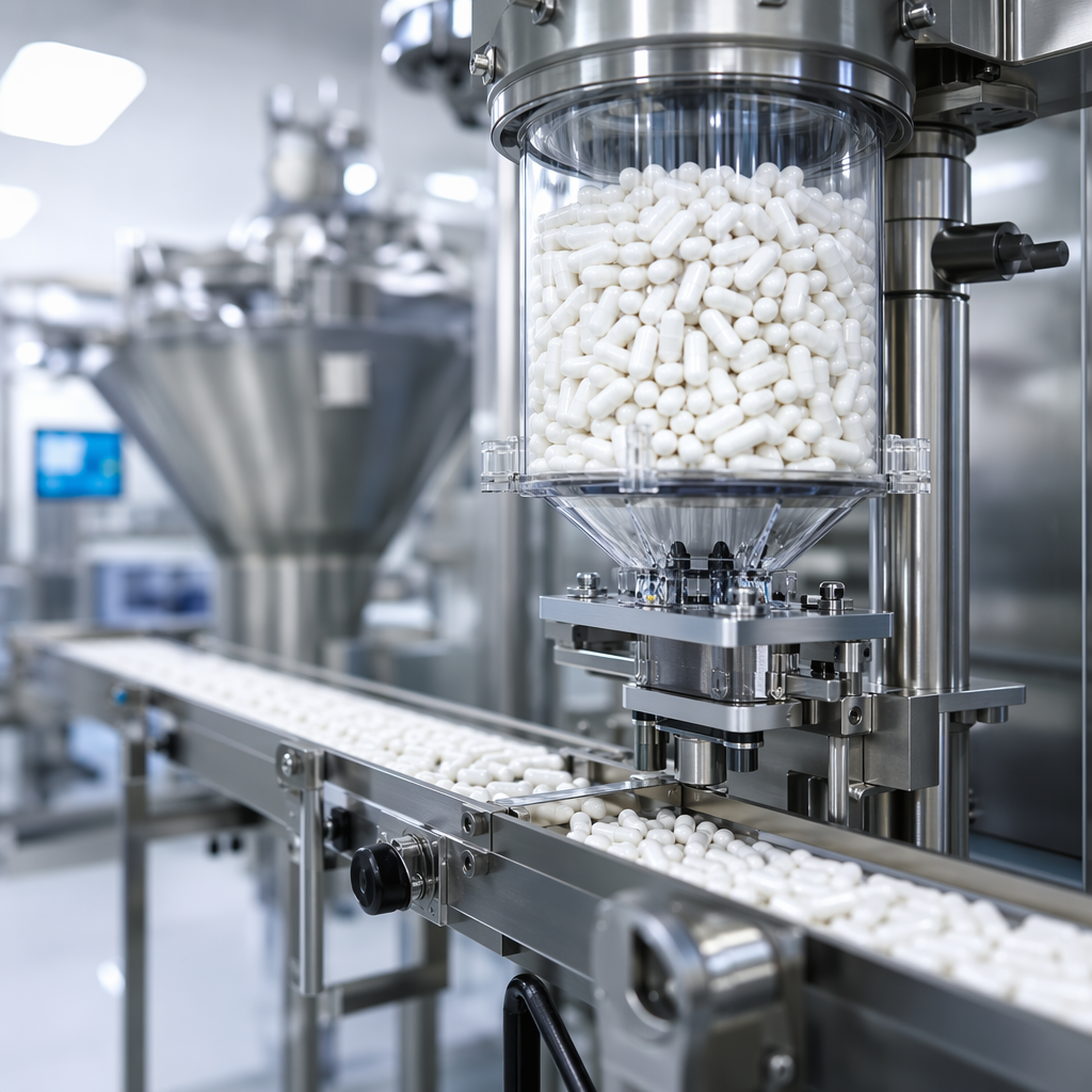 Magnesium complex capsule manufacturing facility showing blending equipment, capsule filling machines, and quality control testing stations