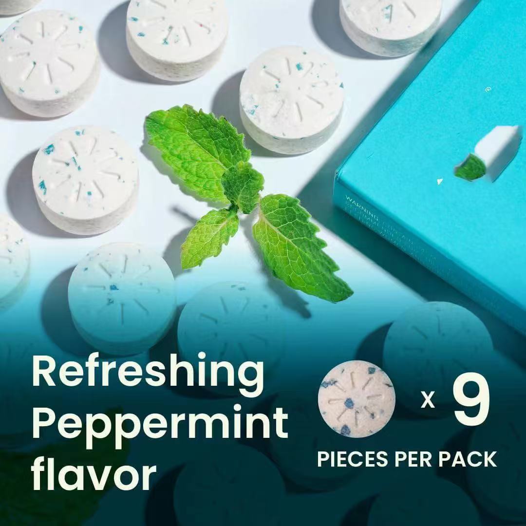 Custom-branded energy gum blister packs displayed with mint leaves, caffeine molecular structure, and packaging design mockups on a clean white background