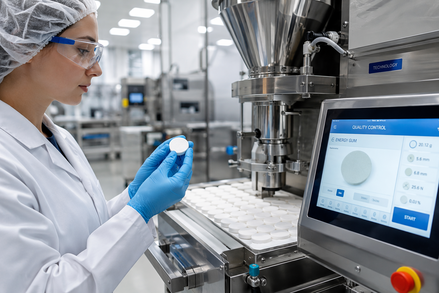 Checklist-style infographic showing the five key evaluation criteria for energy gum manufacturers: Certifications, Gum Base Expertise, Flavor R&D, Packaging Flexibility, and Communication