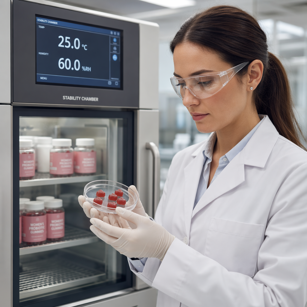Quality control laboratory testing probiotic gummy stability and potency for women's health products