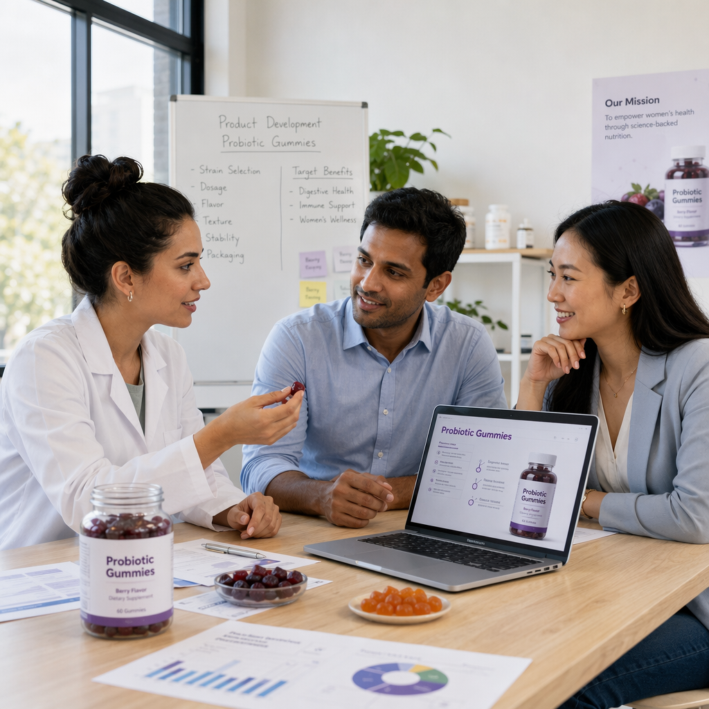 Women's probiotic gummy product development team ensuring quality and compliance