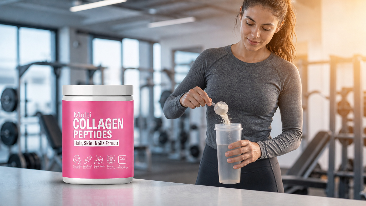Athlete mixing fish collagen peptide powder into post-workout recovery shake