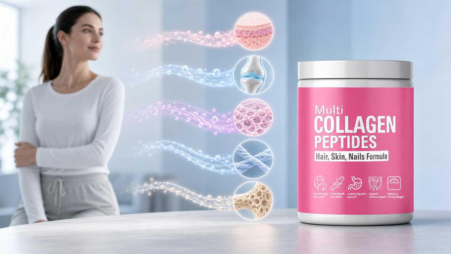 Multi-collagen complex showing diverse collagen types supporting skin joints gut and bones
