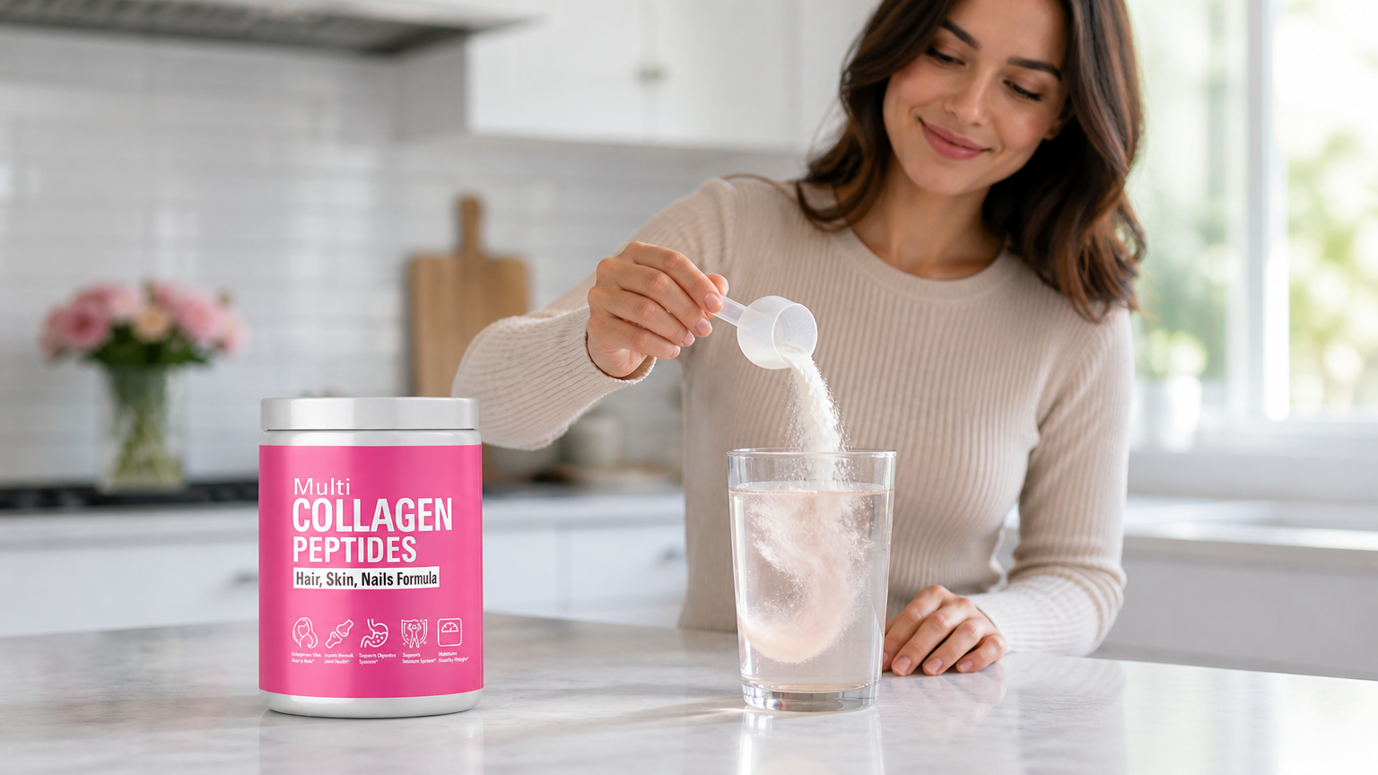 Woman adding multi-collagen peptides powder to morning smoothie for daily wellness
