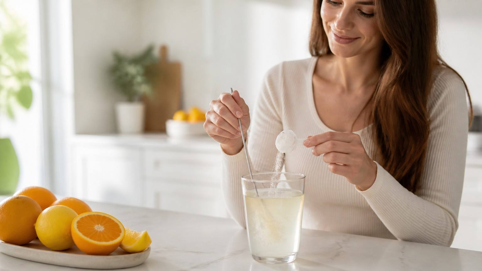 Woman adding collagen and vitamin C powder to morning smoothie for enhanced absorption