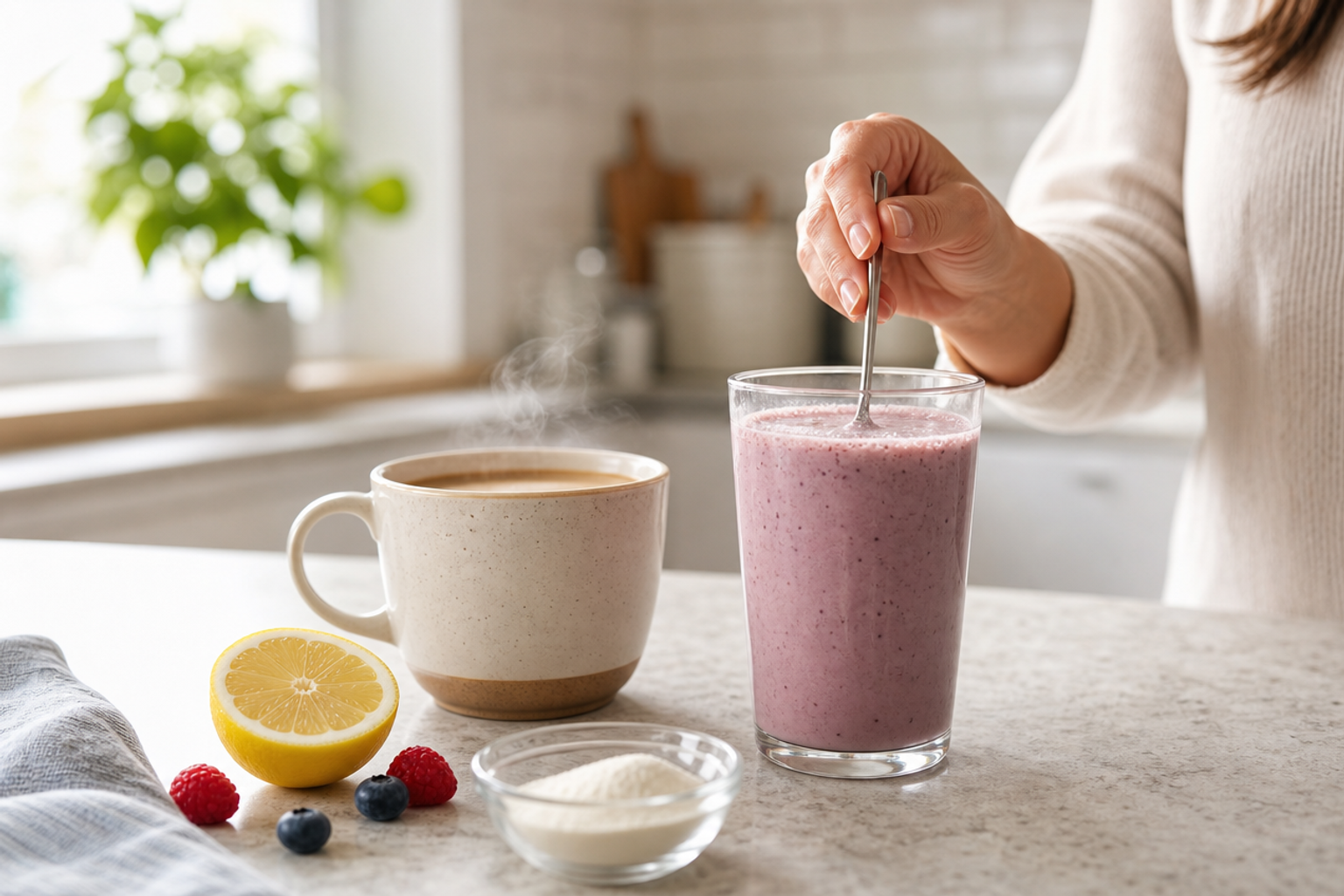 Collagen peptides powder being added to morning coffee for easy daily supplementation