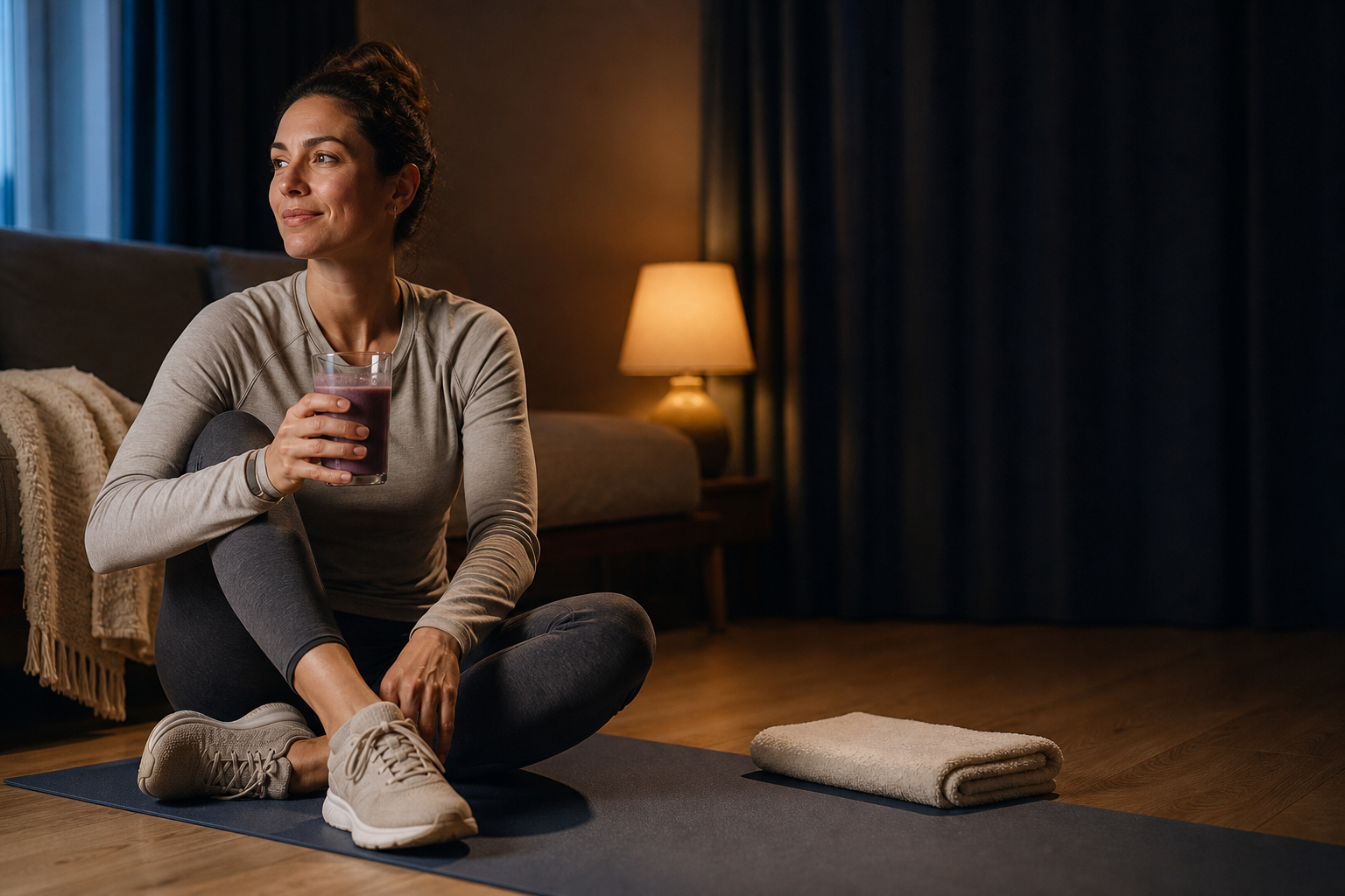 Woman adding collagen peptides to evening smoothie for overnight recovery support