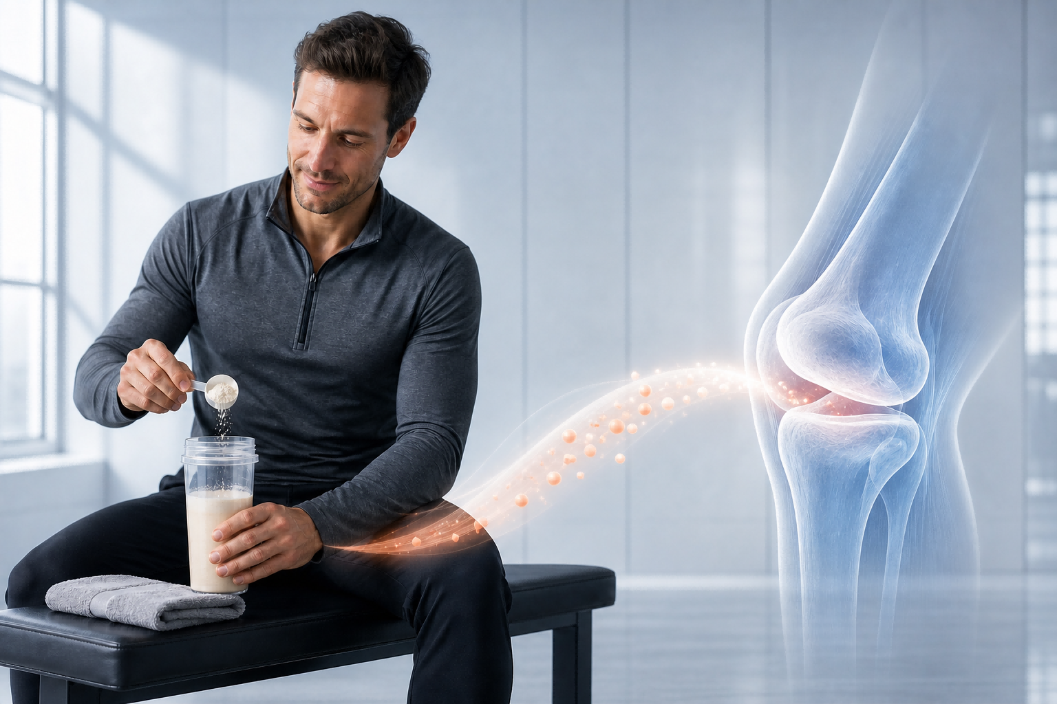 Athlete adding collagen peptides to post-workout recovery drink for joint support