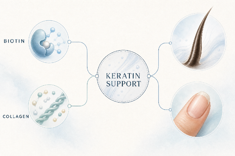 Biotin and collagen working together to support stronger hair and healthier nails