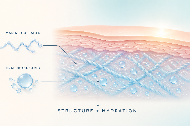 Marine collagen and hyaluronic acid working together to support radiant, hydrated skin