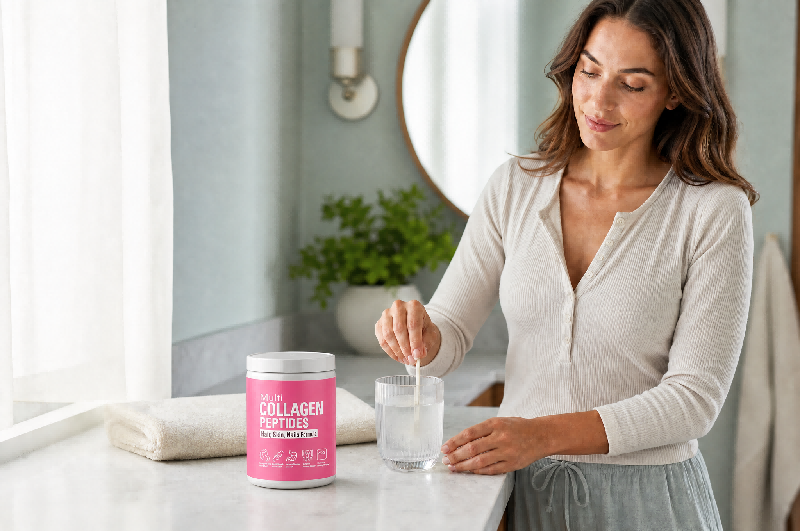 Woman adding marine collagen and hyaluronic acid supplements to morning routine for radiant skin